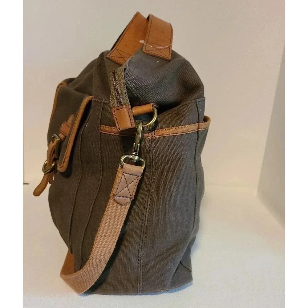 FOSSIL DUFFEL 1954 LONG LIVE VINTAGE LEATHER GREEN CANVAS MILITARY STYLE BAG LG
